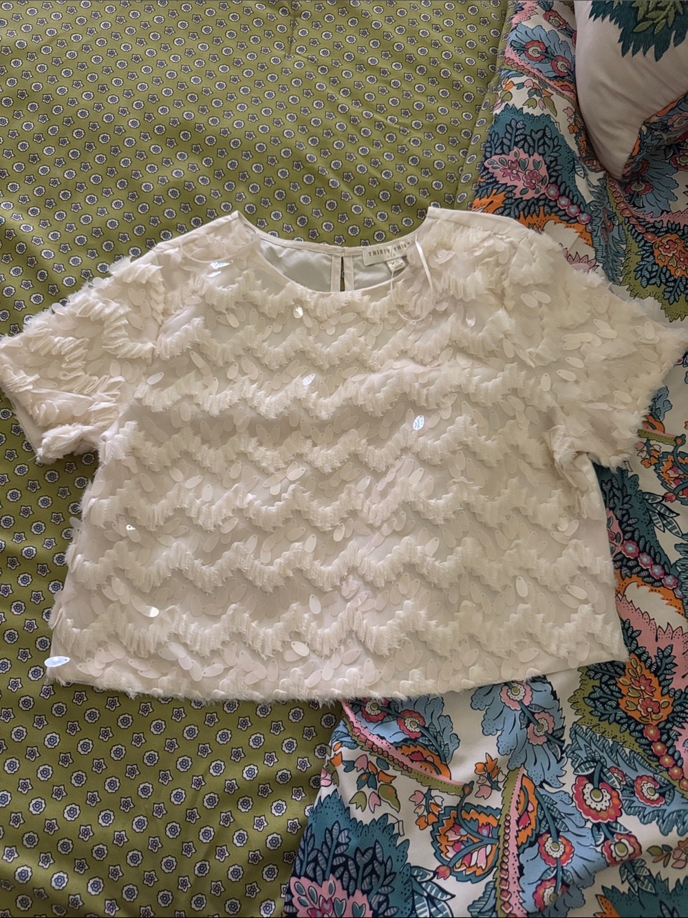 White Sequin Short-Sleeve Blouse